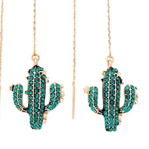 Goldtone Green Crystal Cactus Threader Earrings - Picture 2 of 2